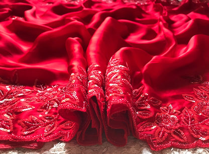 Red Satin Luxury premium Organza sarees
