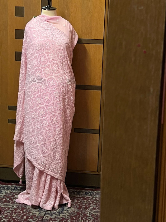 Preety pink Chikankari Gorgette Saree