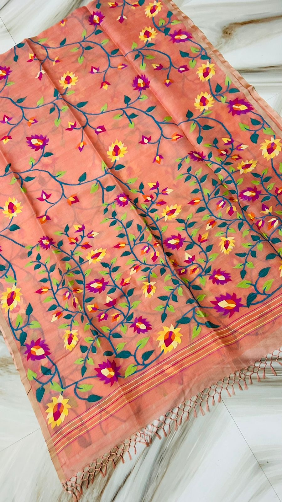 Peach Tantuj Jamdani saree Bengal traditional saree floral saris