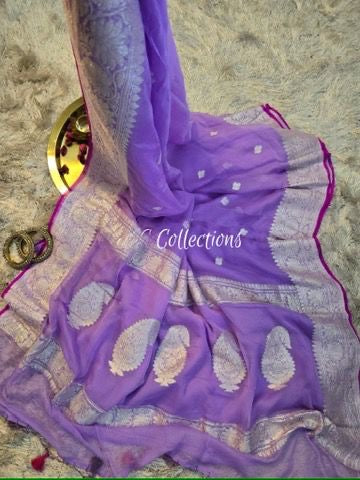 Lavender Banarsi saree chiffon saree Khaddi gorgette chiffon sari blouse