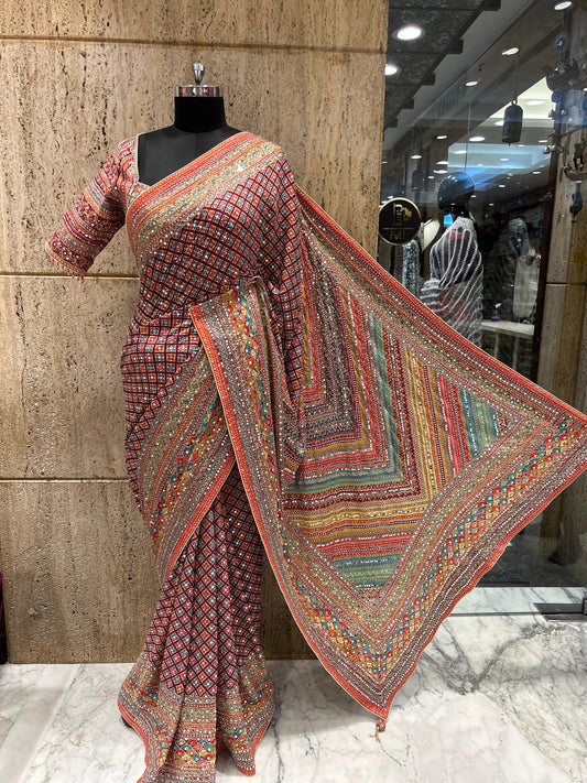 Celebrity inspired saree ajrakh printed sarees women sari readymade blouse
