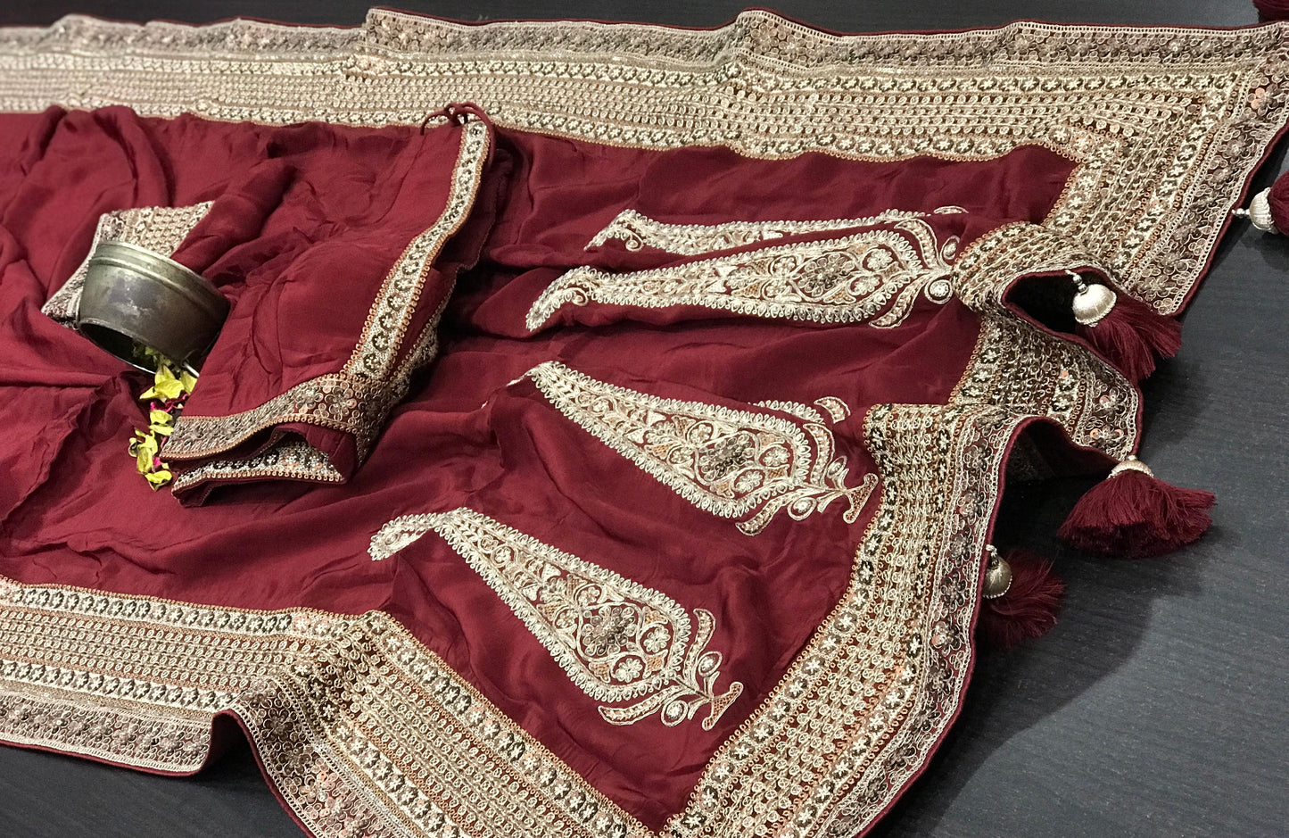 Crepe silk saree paisley inspired sari blouse reception sarees