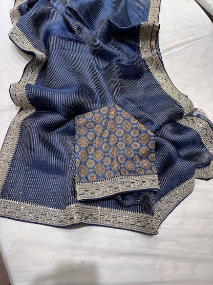 Ajrakh inspired Organza saree Striped Saree Partywear Sari