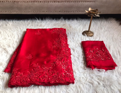 Red Satin Luxury premium Organza sarees