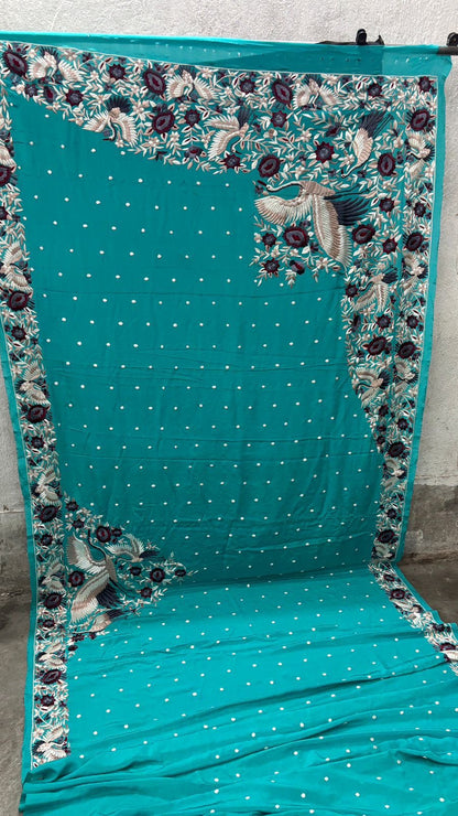 Crepe Parsi saree handmade Parsi Gara sari blouse