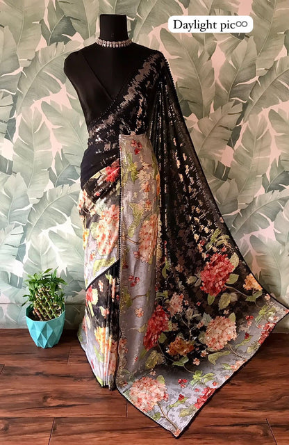 Black premium floral saree Partywear sari festive wear bridesmaid sarees