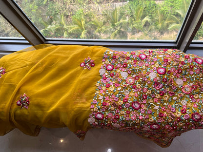 Yellow organza saree French knot saree Indian sari blouse