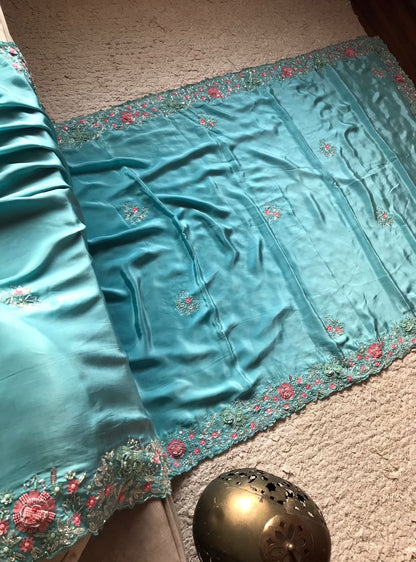 Firoza blue saree embroidered saree