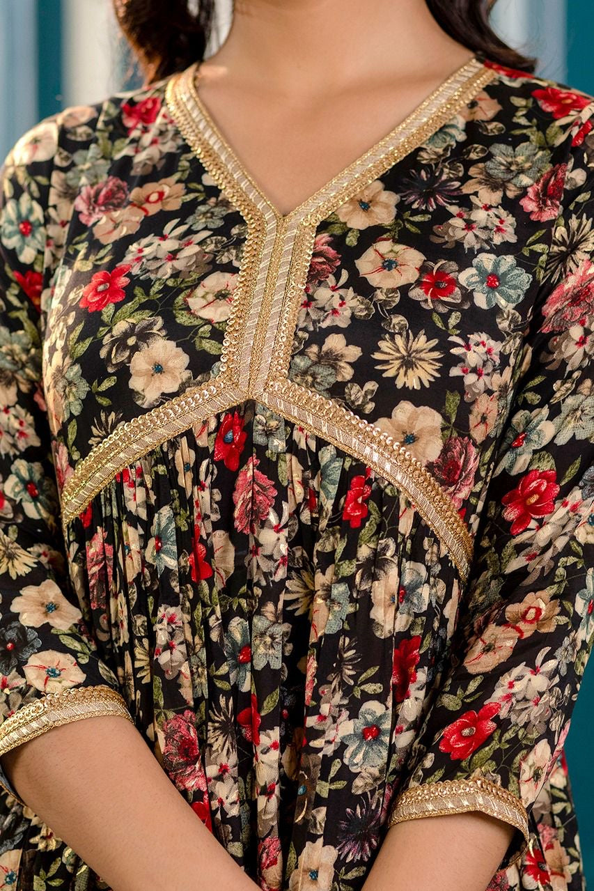 Varisha black floral Kurti Dupatta set