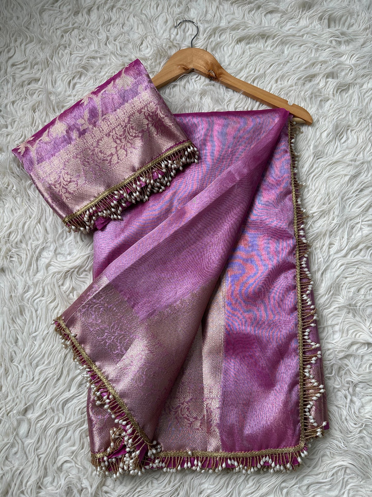 Pink Banarsi tissue saree lace border saree blouse