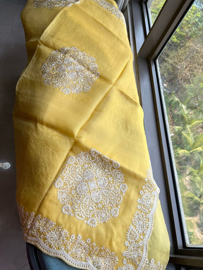 Yellow organza saree threadwork sari