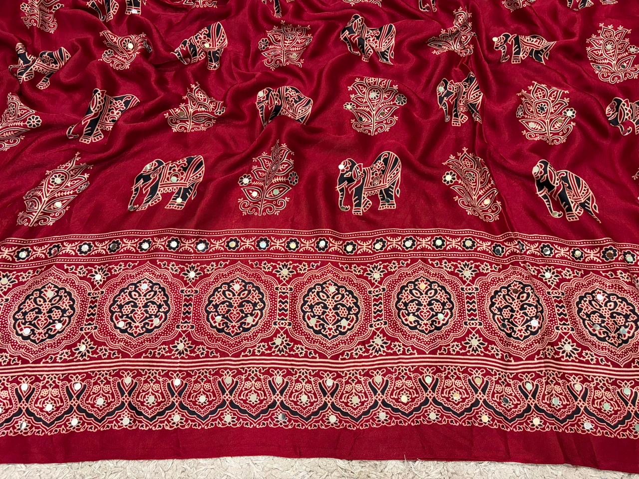Maroon ajrakh saree Indian sari blouse traditional sarees women clothing
