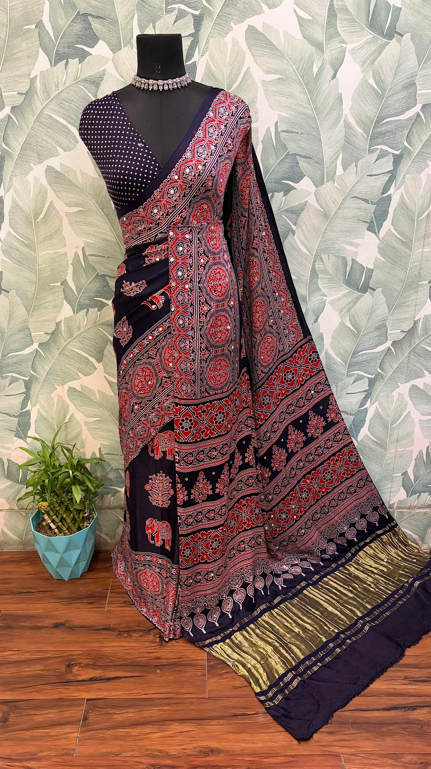 Navy blue saree ajrakh saree Indian sarees