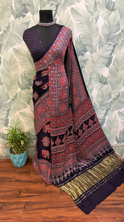 Navy blue saree ajrakh saree Indian sarees