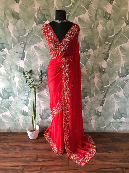 Red premium satin saree organza silk saree beautiful sari blouse