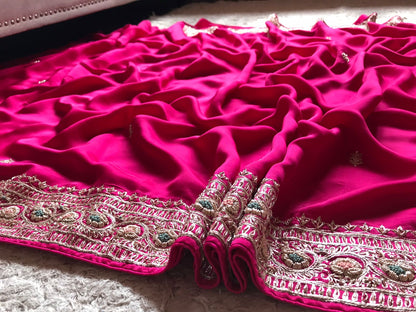 Pink premium satin silk embroidered sarees