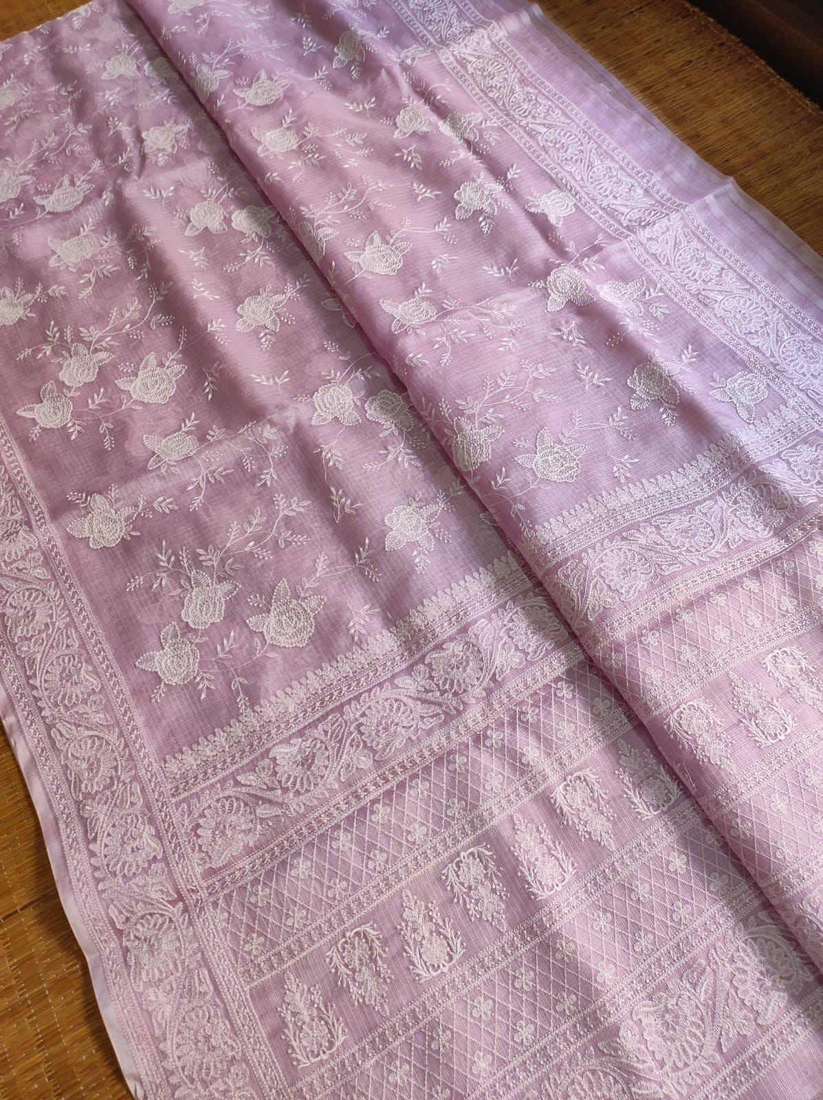 Tussar Chikankari Embroidery Kora Silk Saree
