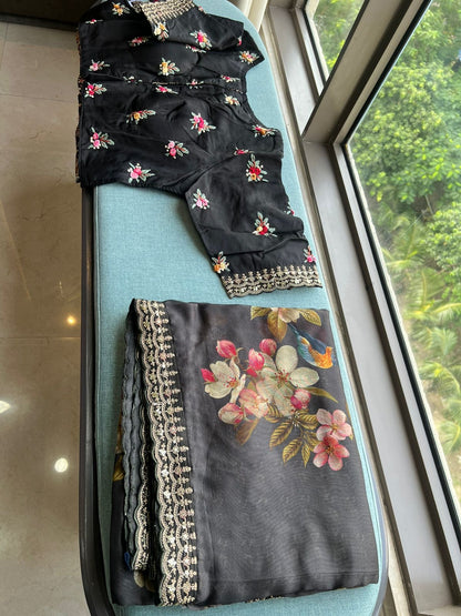 Black saree floral saree digital printed sarees blouse