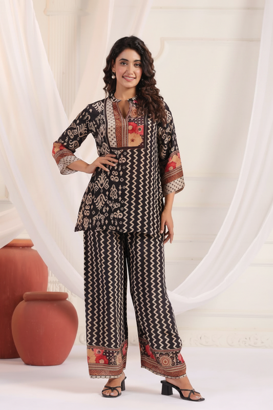 Black Cord set Partywear cord set crepe printed cord set