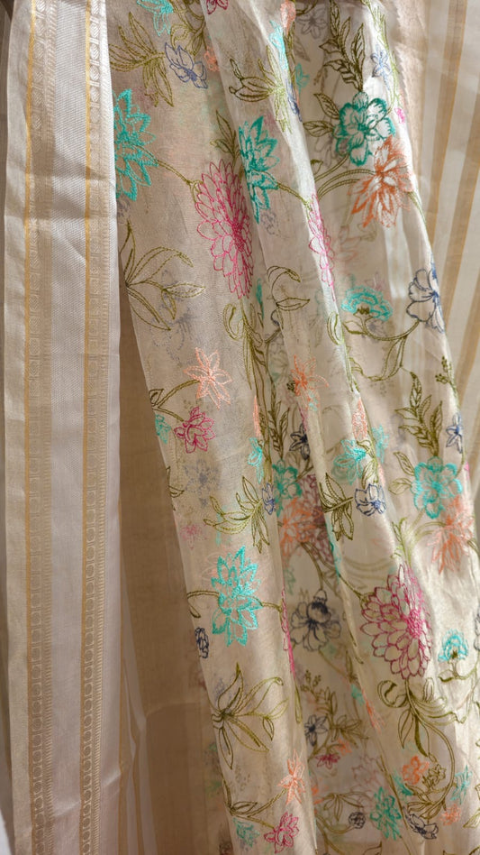 Floral Tissue Katan Embroidery Saree Indian Sari