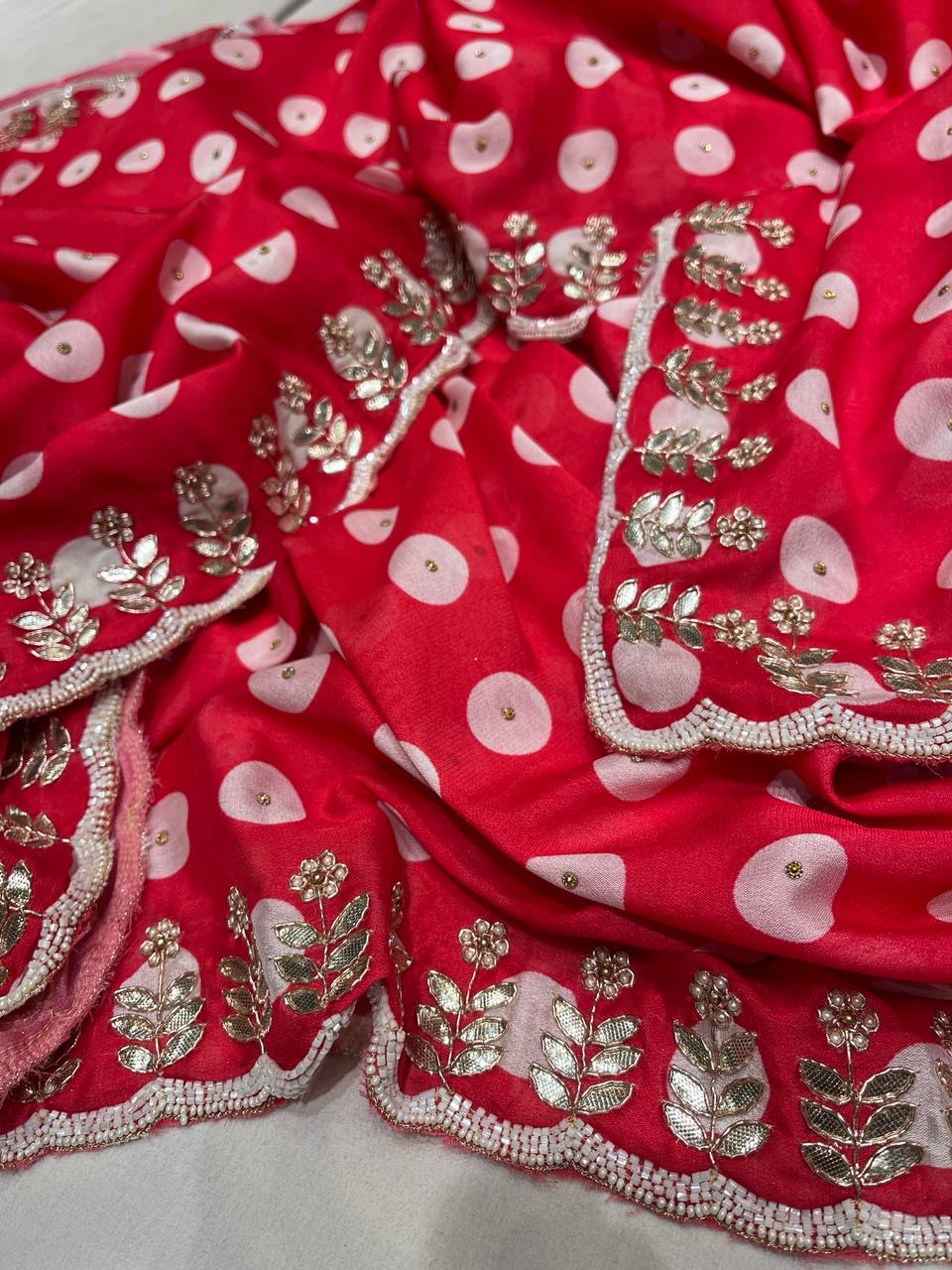 Red Polka dot Crepe Embroidered Saree