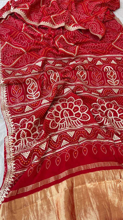Red Bandhani Gajji silk saree Indian traditional silk sarees
