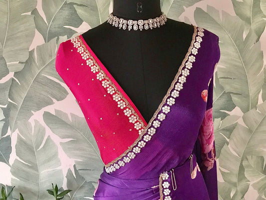 Purple printed saree crepe chinon saree Partywear sari blouse