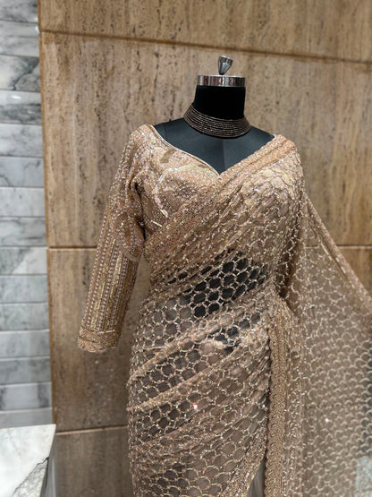 Gold net saree designer sarees blouse designer sari
