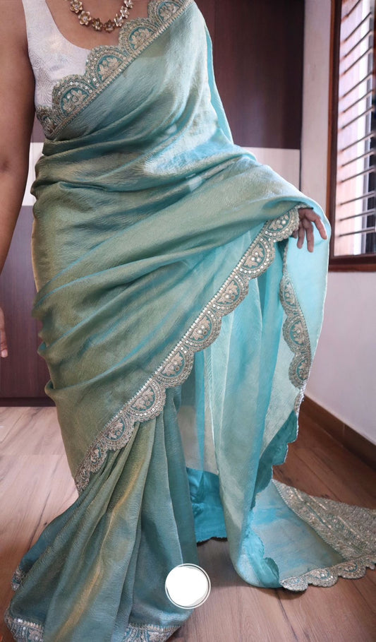 Blue Banarsi Saree Crushed Tissue Indian Partywear Sarees