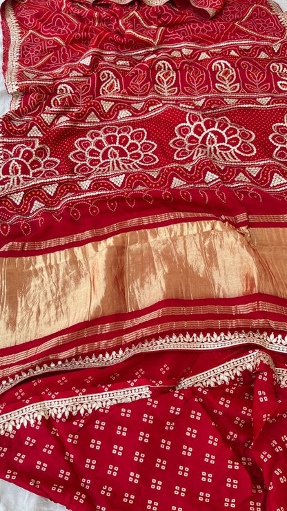 Red Bandhani Gajji silk saree Indian traditional silk sarees