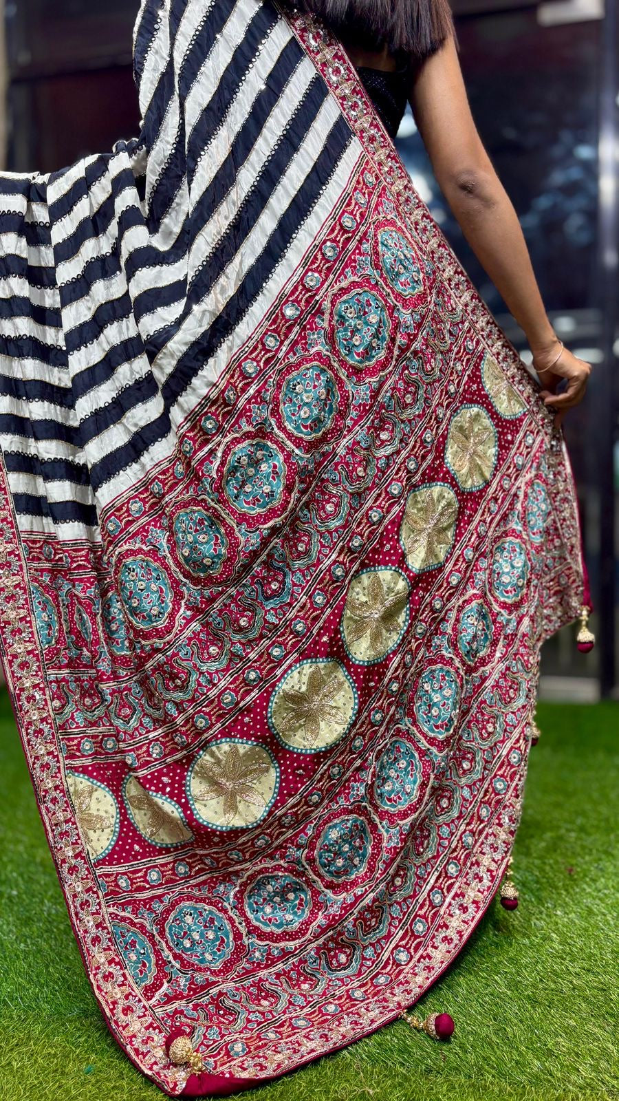 Ajrakh saree hand embroidery saree beautiful sari blouse