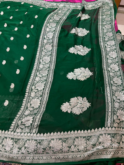 Chiffon Green Banarsi Saree khaddi chiffon saree