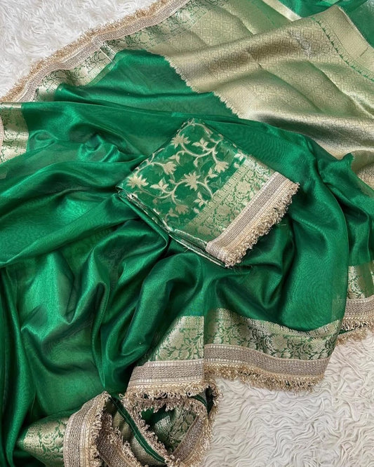 Green saree soft tissue silk saree wedding sari blouse