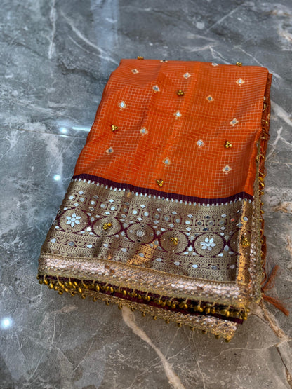 Handmade orange saree soft silk saree ghungroo sarees blouse Indian sari