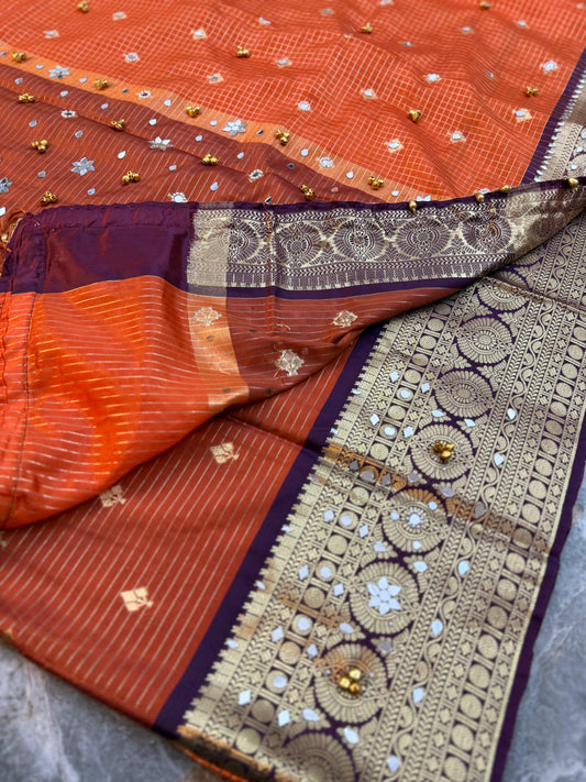 Handmade orange saree soft silk saree ghungroo sarees blouse Indian sari