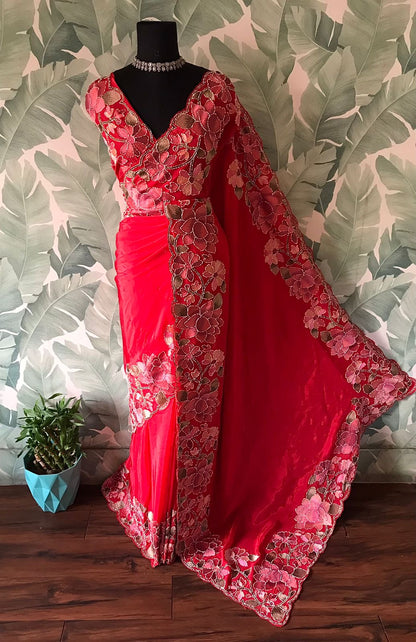 Red premium saree organza saree floral sari blouse women sarees