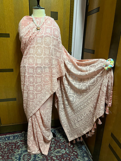 Peach Chikankari Georgette Sarees Indian Pakistani Traditional Sari