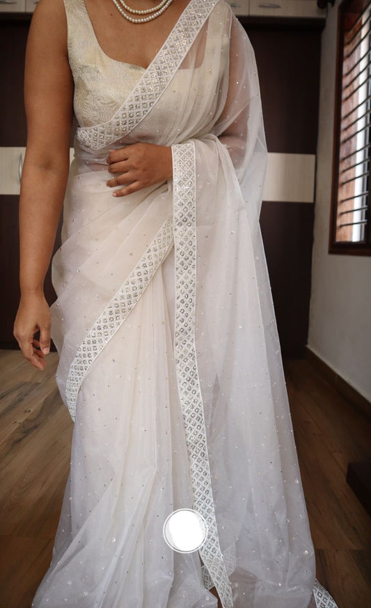 Fairy styled white organza saree Indian sarees