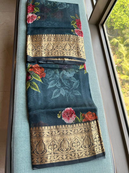 Rashmika organza saree floral saree bordered sari