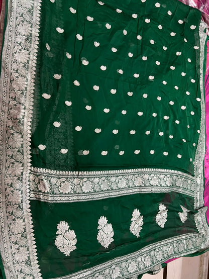 Chiffon Green Banarsi Saree khaddi chiffon saree