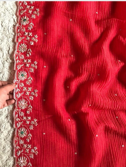 Rosila red crushed saree chinon saree Indian partywear sari reception saree blouse