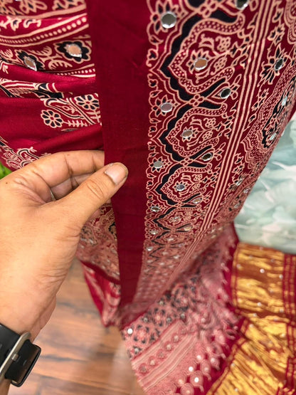Maroon ajrakh saree Indian sari blouse traditional sarees women clothing