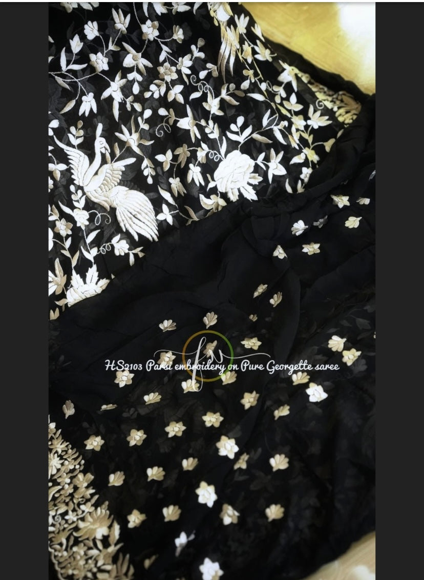 Black Parsi Inspired Thread Embroidery Saree