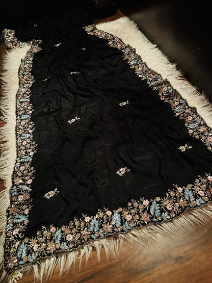 Black Luxury Premium Saree Embroidery Partywear Sarees