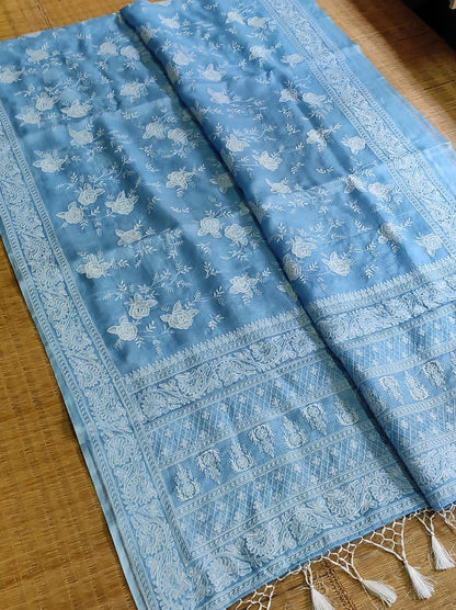 Tussar Chikankari Embroidery Kora Silk Saree