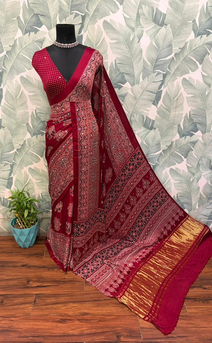 Maroon ajrakh saree Indian sari blouse traditional sarees women clothing