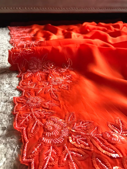 Orange premium Satin Organza Women Saree