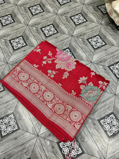 Red floral saree chiniya Katan silk saree Indian sari blouse