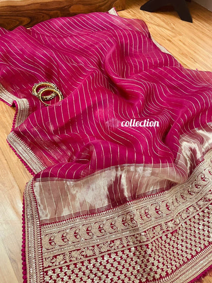 Pink striped organza saree women saree blouse