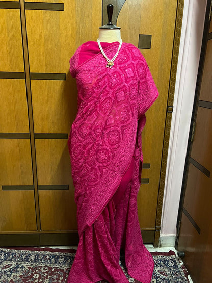 Hot Pink Chikankari Saree Georgette Saree Women Chikankari Sari